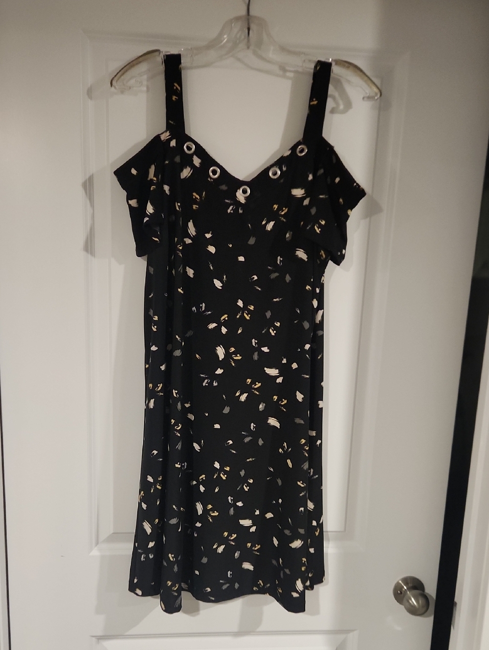 Black Cold-Shoulder Midi Dress with Cream & Gold Scatter Print